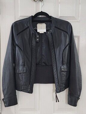 ​Anthropologie Hei Hei Black Faux Leather Cropped Moto Jacket - Small
